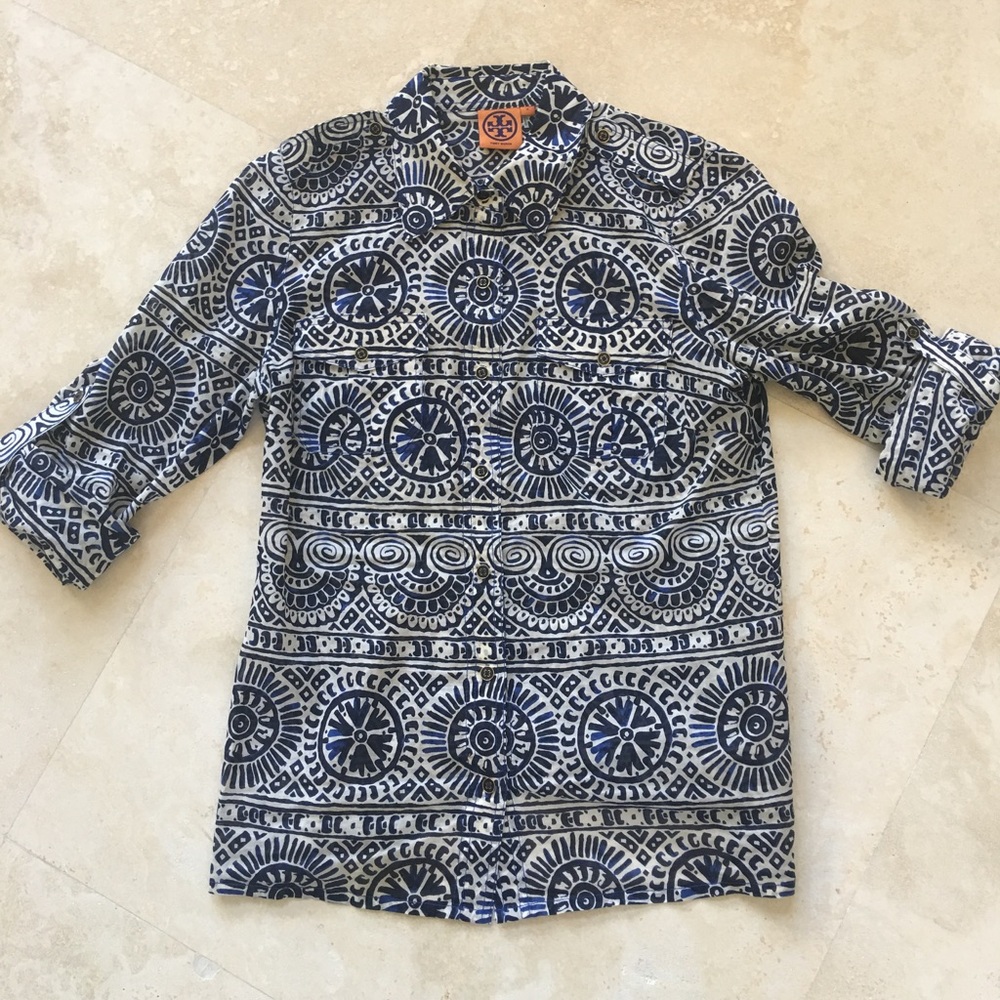 Tory Burch blue print button down blouse - Picture 1 of 2
